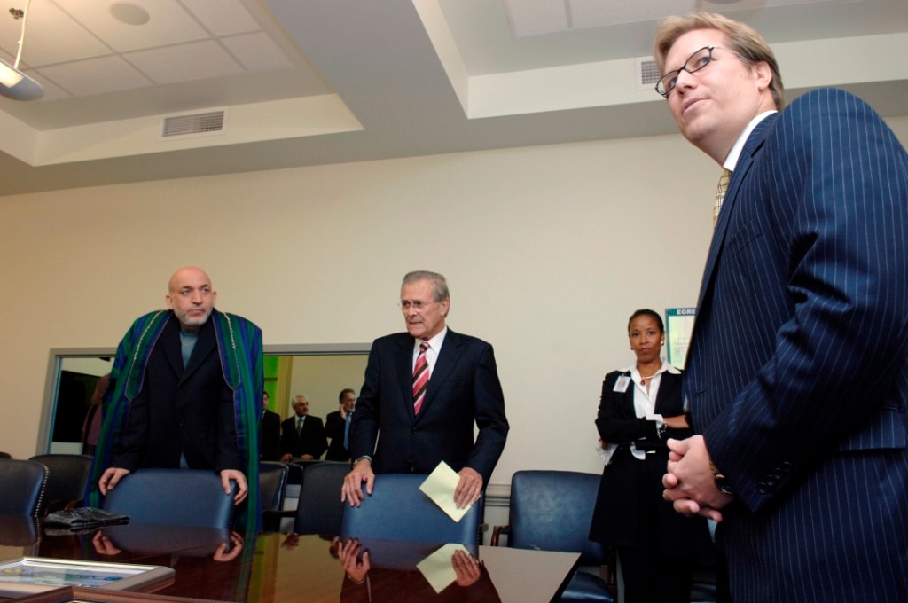 Professor Craig Tiedman, FRGS briefing US Secretary of Defense Donald Rumsfeld and President Hamid Karzai of Afghanistan, Kabul, 2006